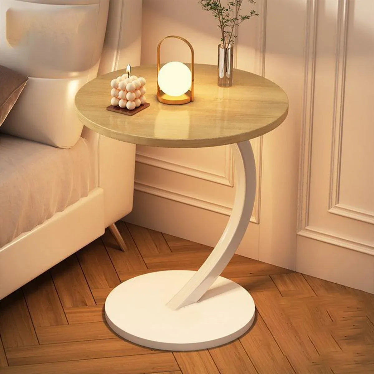 C Shaped Snack Side Table for Sofa Couch Small End Table for Living Room Bedroom - Brown-White