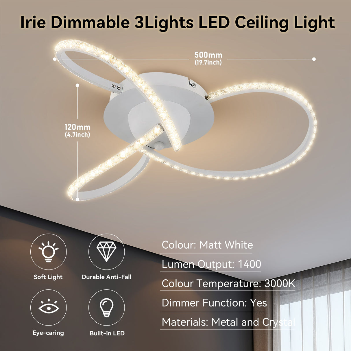 Irie Dimmable 3 Lights LED Ceiling Light - White