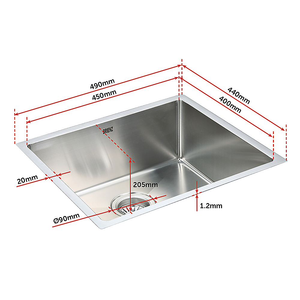 490x440mm Handmade 1.2mm Stainless Steel Undermount Topmount Kitchen Laundry Sink with Waste