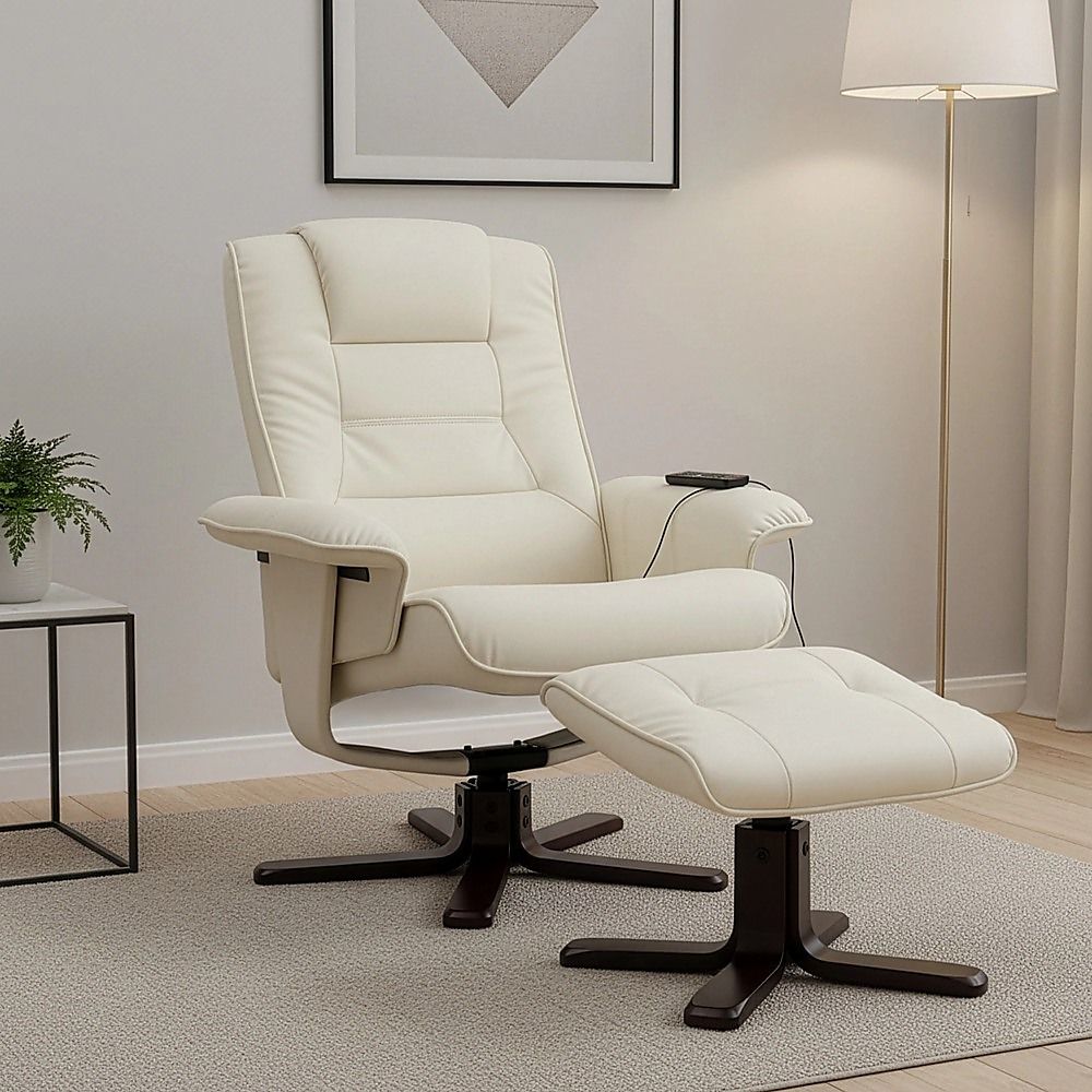 Massage Chair Recliner – Cream PU Leather Chair with Ottoman & Remote
