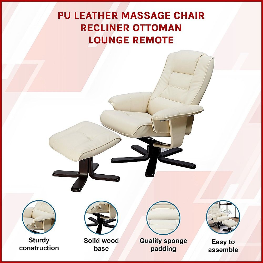 Massage Chair Recliner – Cream PU Leather Chair with Ottoman & Remote