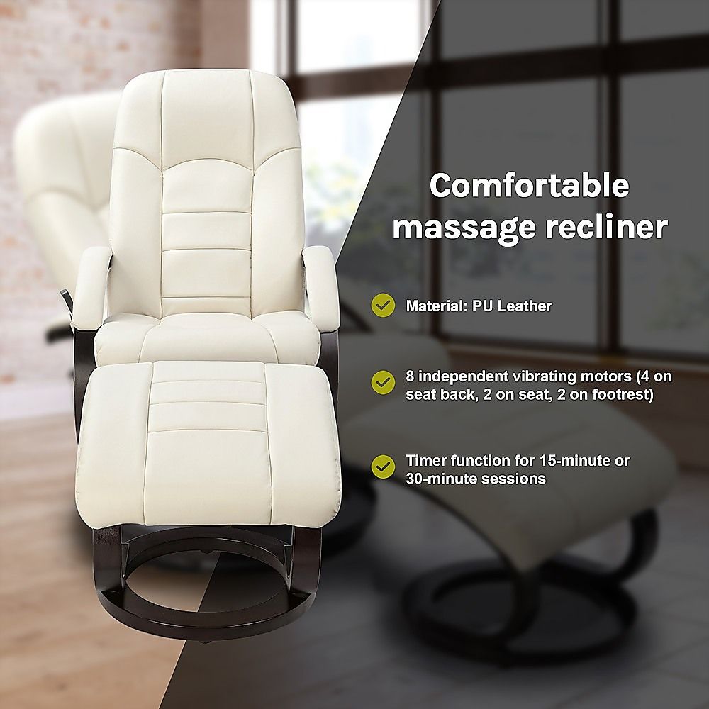 Massage Chair Recliner – 8-Motor Cream PU Leather Chair & Ottoman