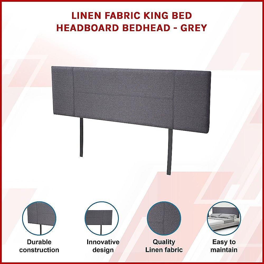 Linen Fabric King Bed Headboard Bedhead - Grey