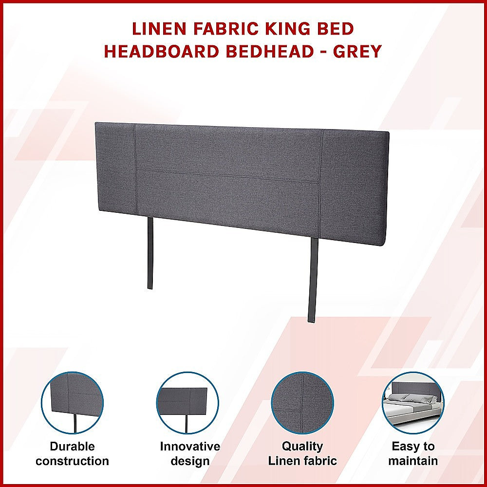 Linen Fabric King Bed Headboard Bedhead - Grey