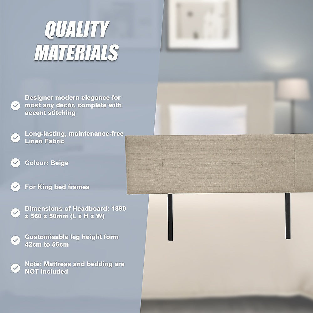 Linen Fabric King Bed Headboard Bedhead - Beige
