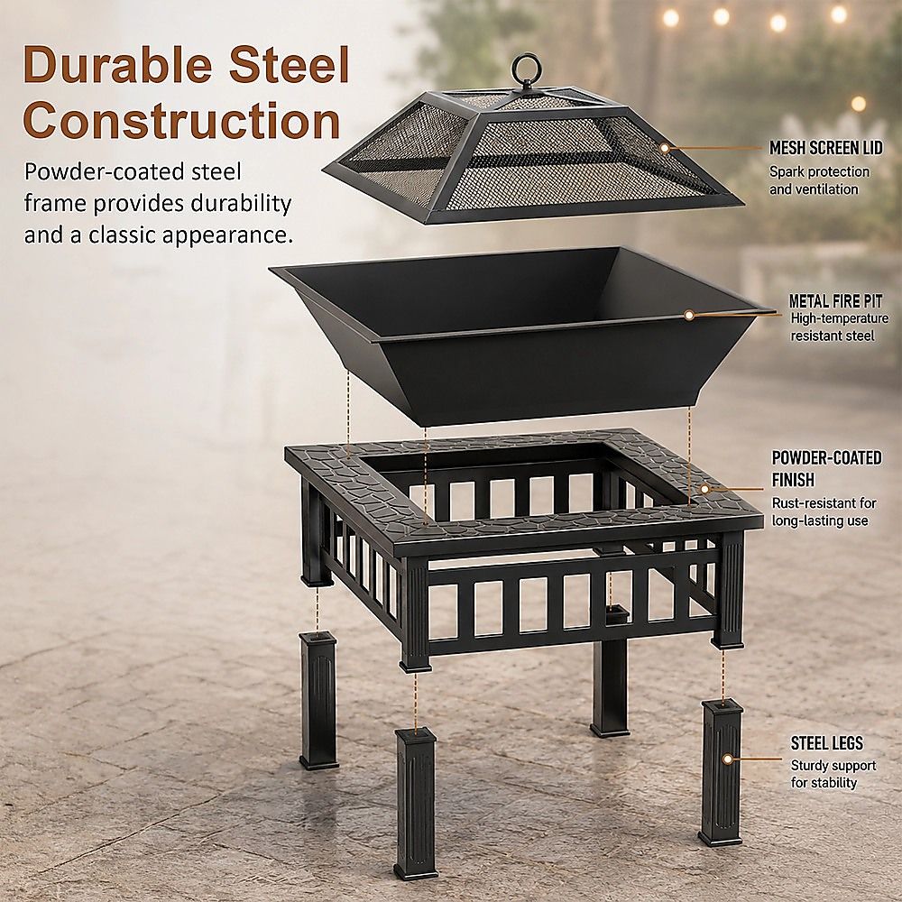 18" Square Metal Fire Pit Outdoor Heater