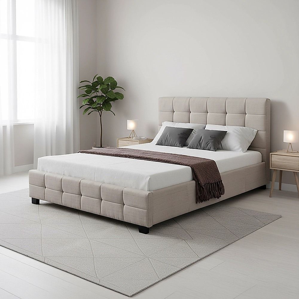 Linen Fabric Double Deluxe Bed Frame Beige