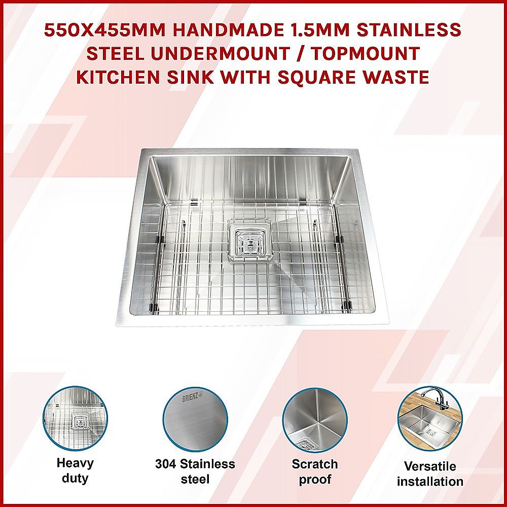 550x455mm Handmade 1.5mm Stainless Steel Kitchen Sink with Waste and Grid