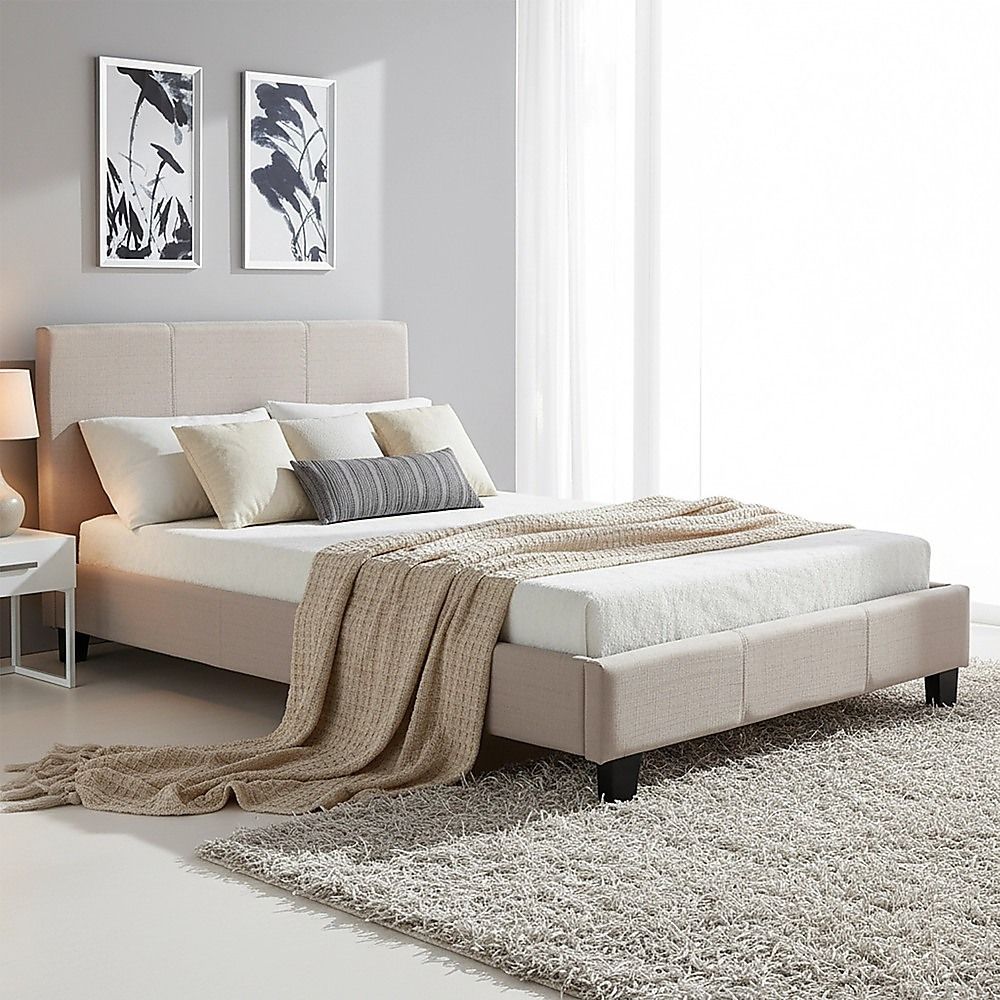 King Single Linen Fabric Bed Frame Beige