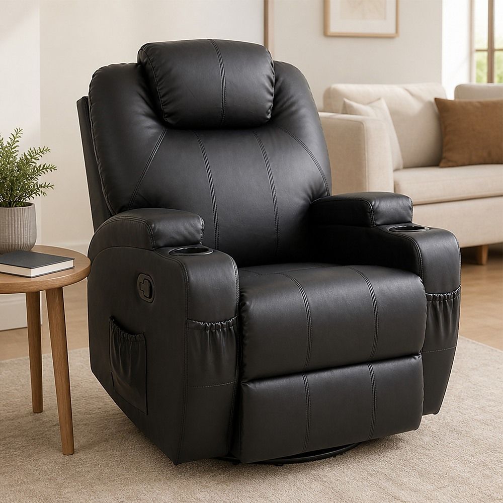 Heated Massage Chair – Black PU Leather 360° Swivel Recliner