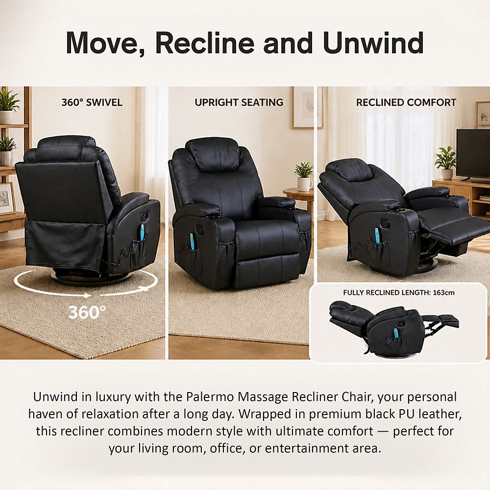 Heated Massage Chair – Black PU Leather 360° Swivel Recliner