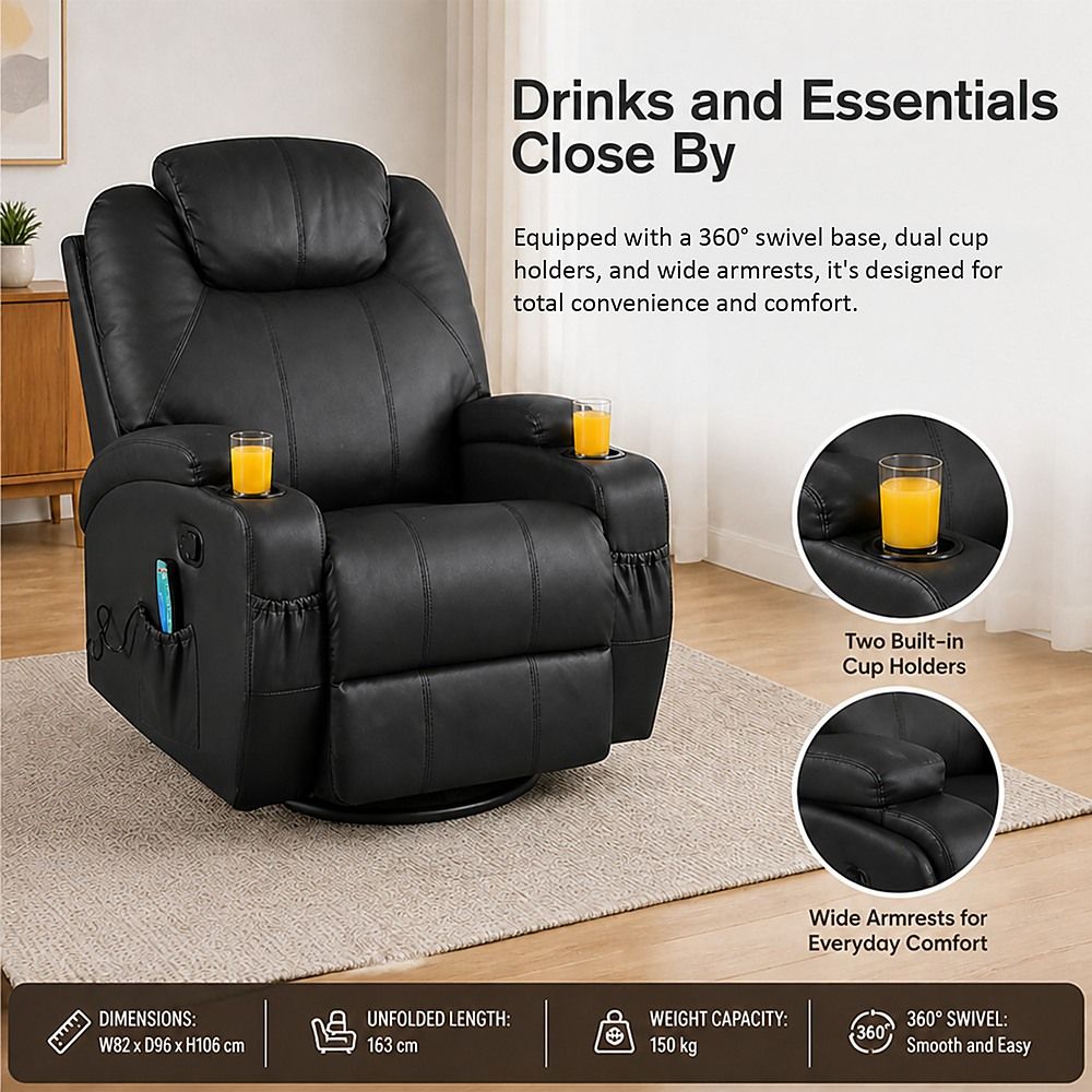 Heated Massage Chair – Black PU Leather 360° Swivel Recliner