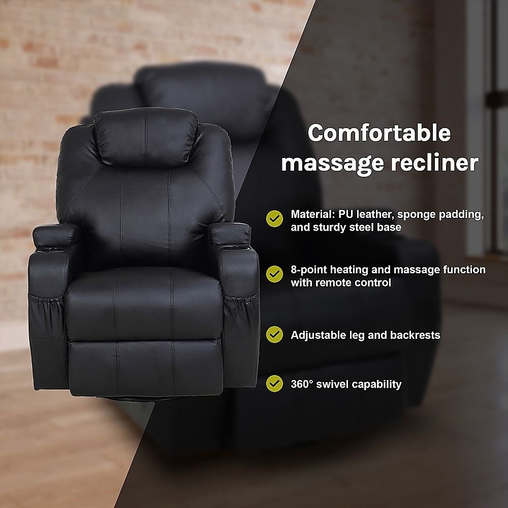 Heated Massage Chair – Black PU Leather 360° Swivel Recliner