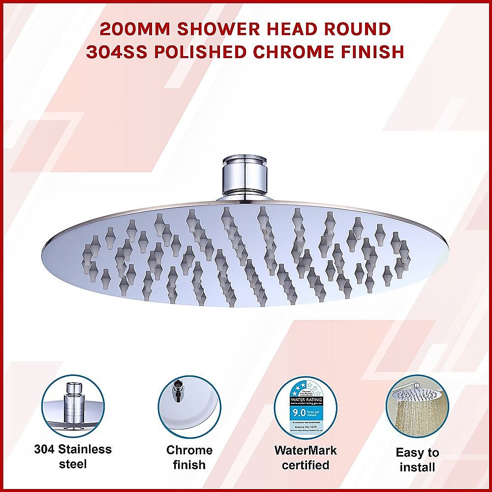 200mm Shower Head Round 304SS Polished Chrome Finish