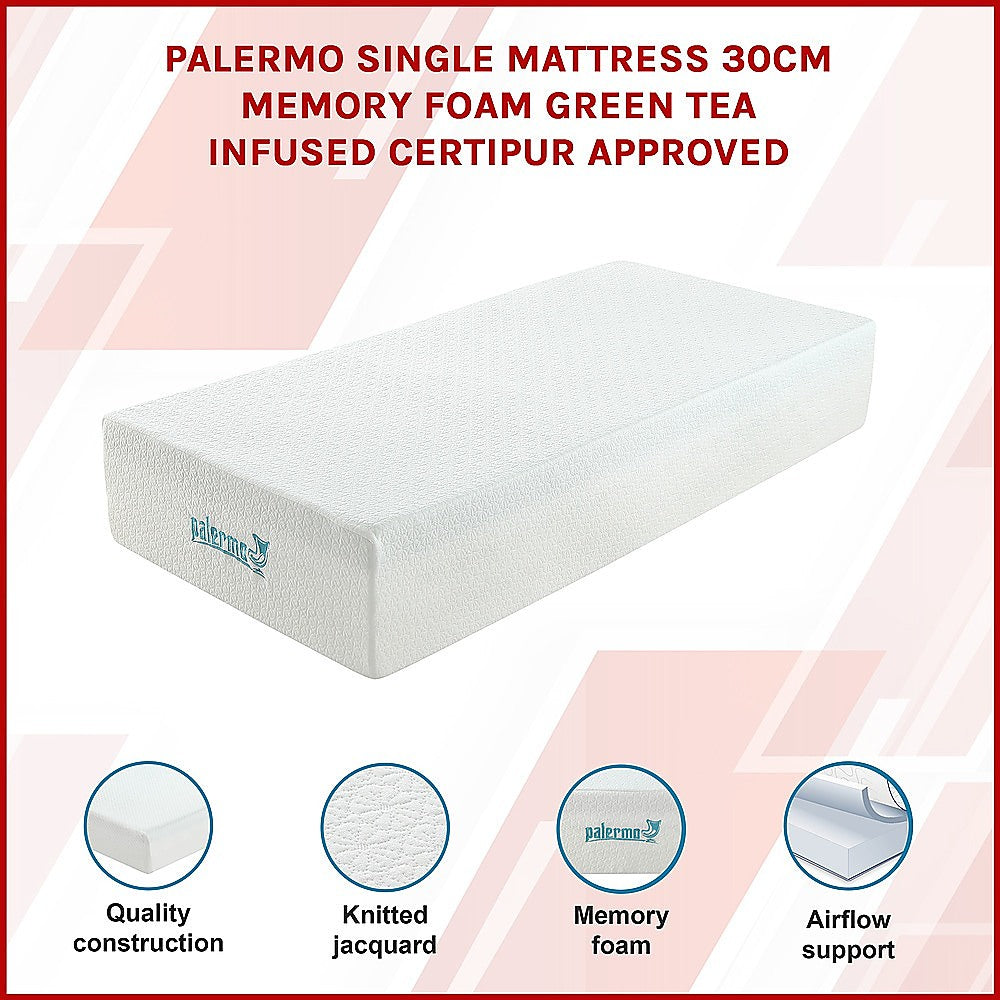 Single 30cm Green Tea Memory Foam Mattress – Cooling Comfort with CertiPUR-US® Certified Foam