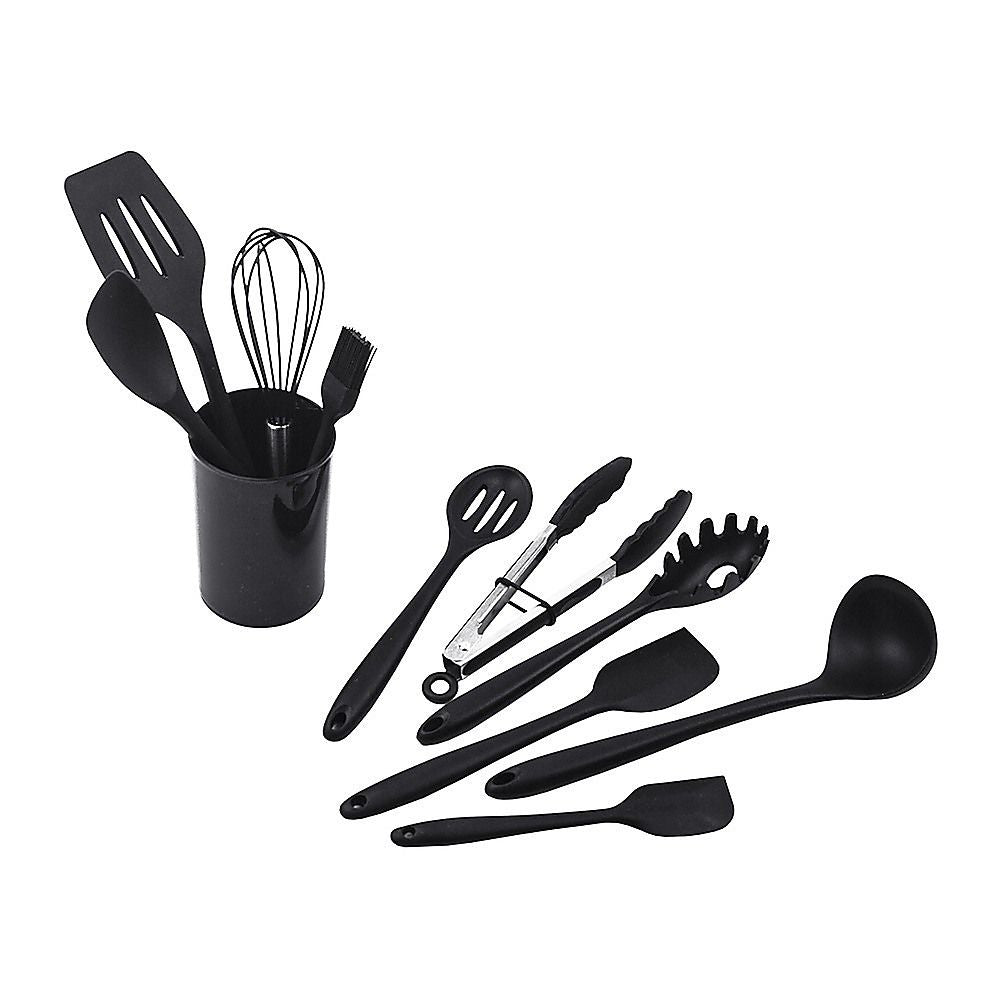 Silicone Kitchen Utensil Set – Black 11-Piece Set with Holder