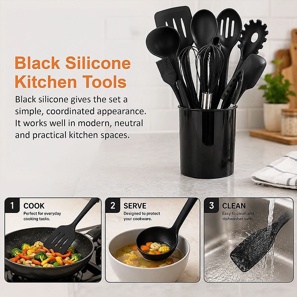 Silicone Kitchen Utensil Set – Black 11-Piece Set with Holder