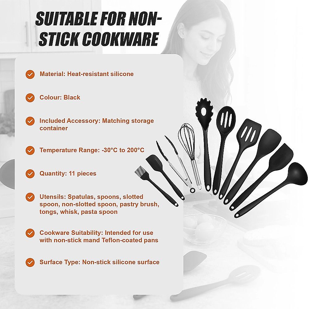 Silicone Kitchen Utensil Set – Black 11-Piece Set with Holder