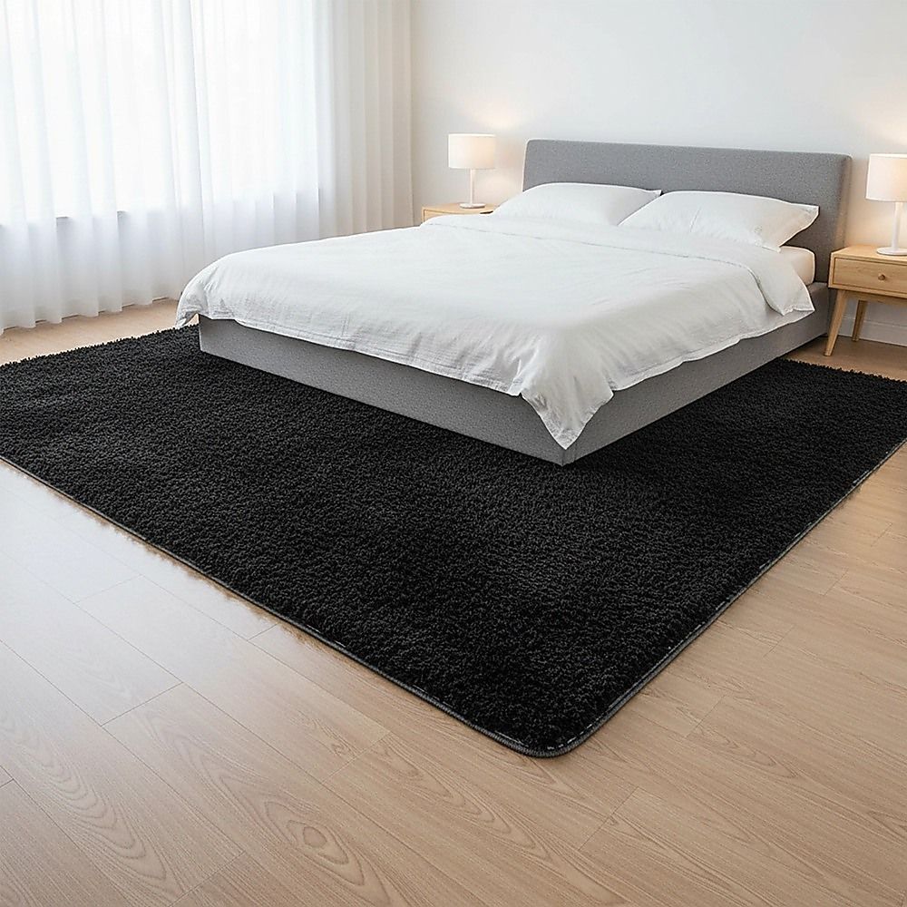 Large Shag Rug – Soft 230x160cm Black Floor Rug with Anti-Slip Backing