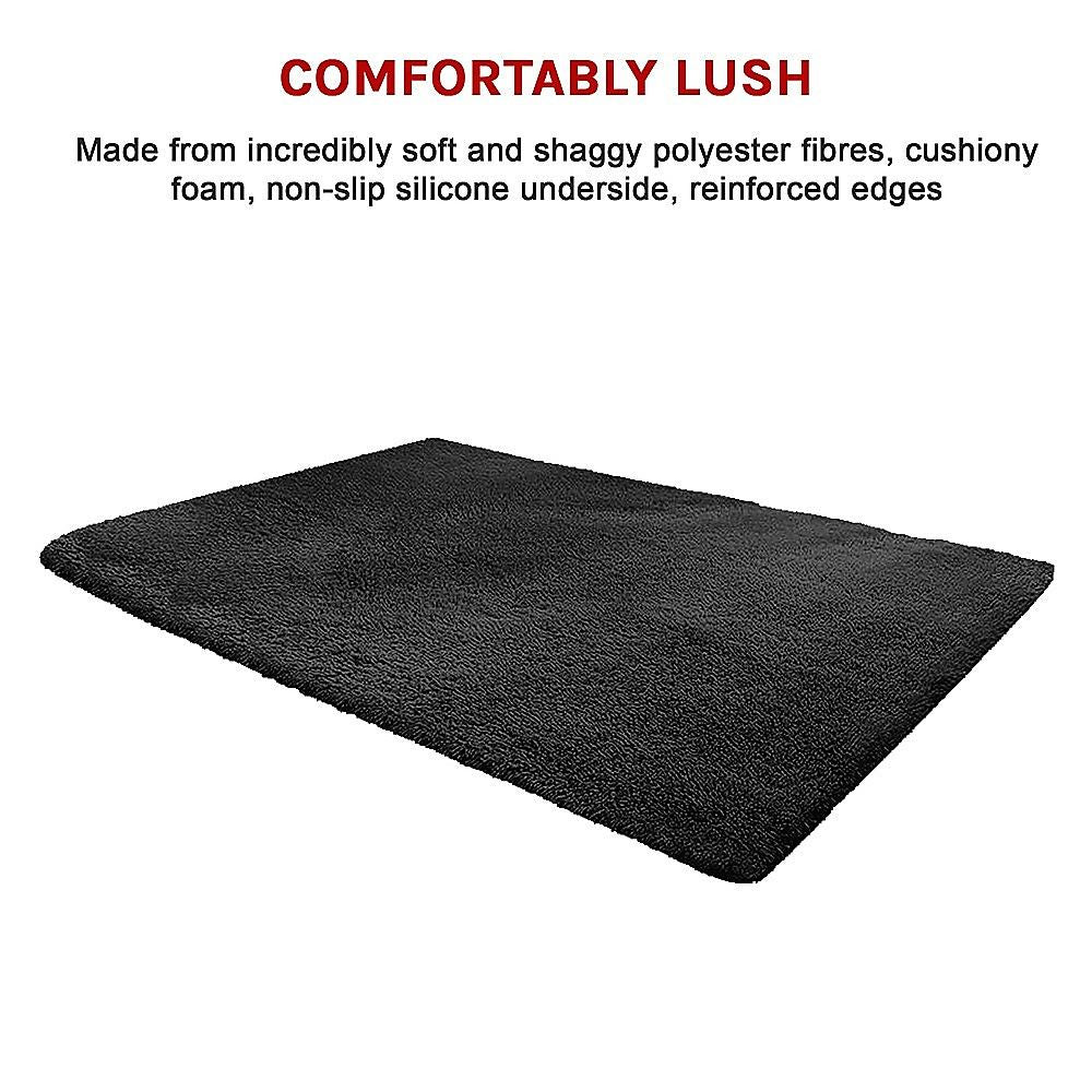Large Shag Rug – Soft 230x200cm Black Floor Rug with Anti-Slip Backing