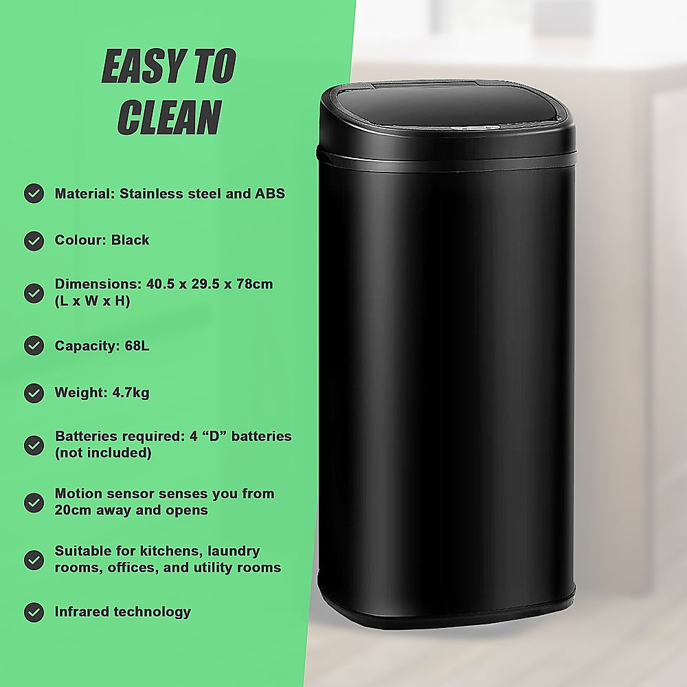 68L Motion Sensor Bin Automatic Stainless Steel Kitchen Rubbish Trash - Black