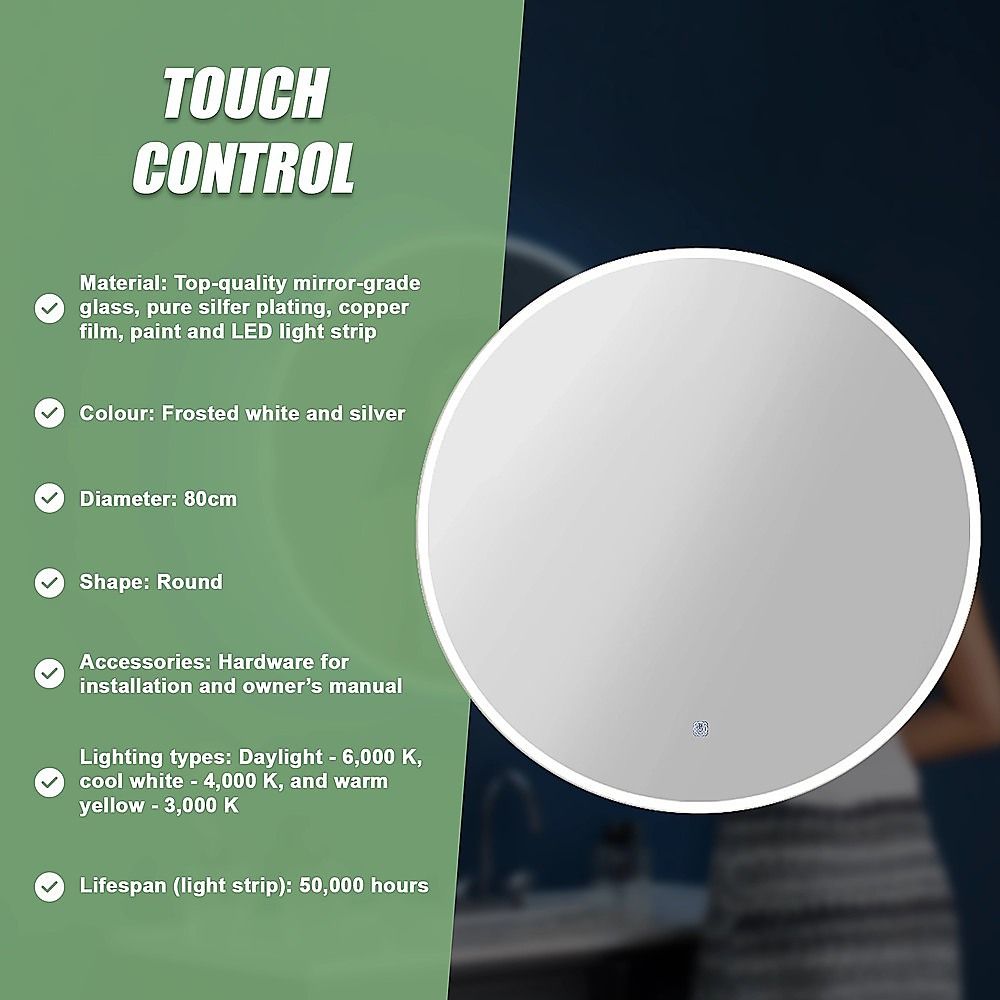 80cm LED Wall Mirror Bathroom Mirrors Light Decor Round