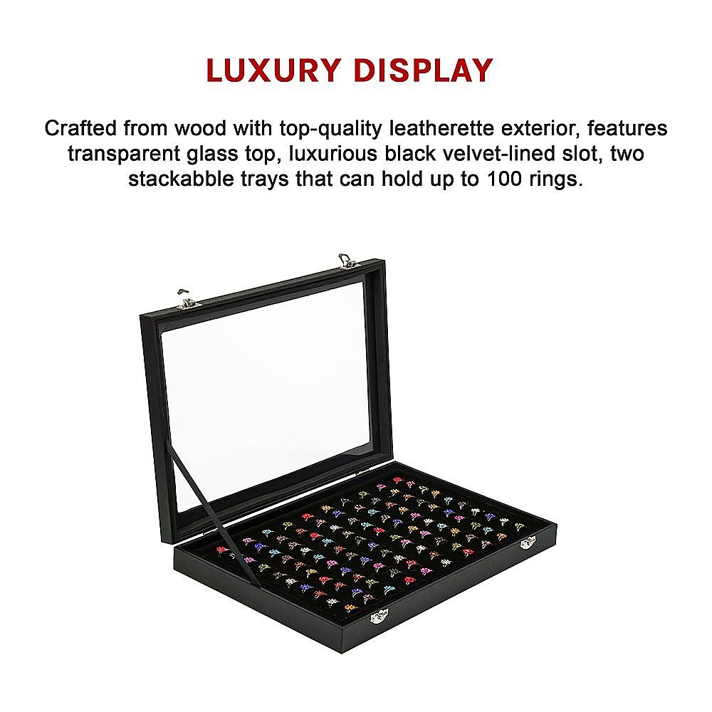 100 Slot Jewellery Display Box with Glass Lid for Rings, Earrings & Collectables
