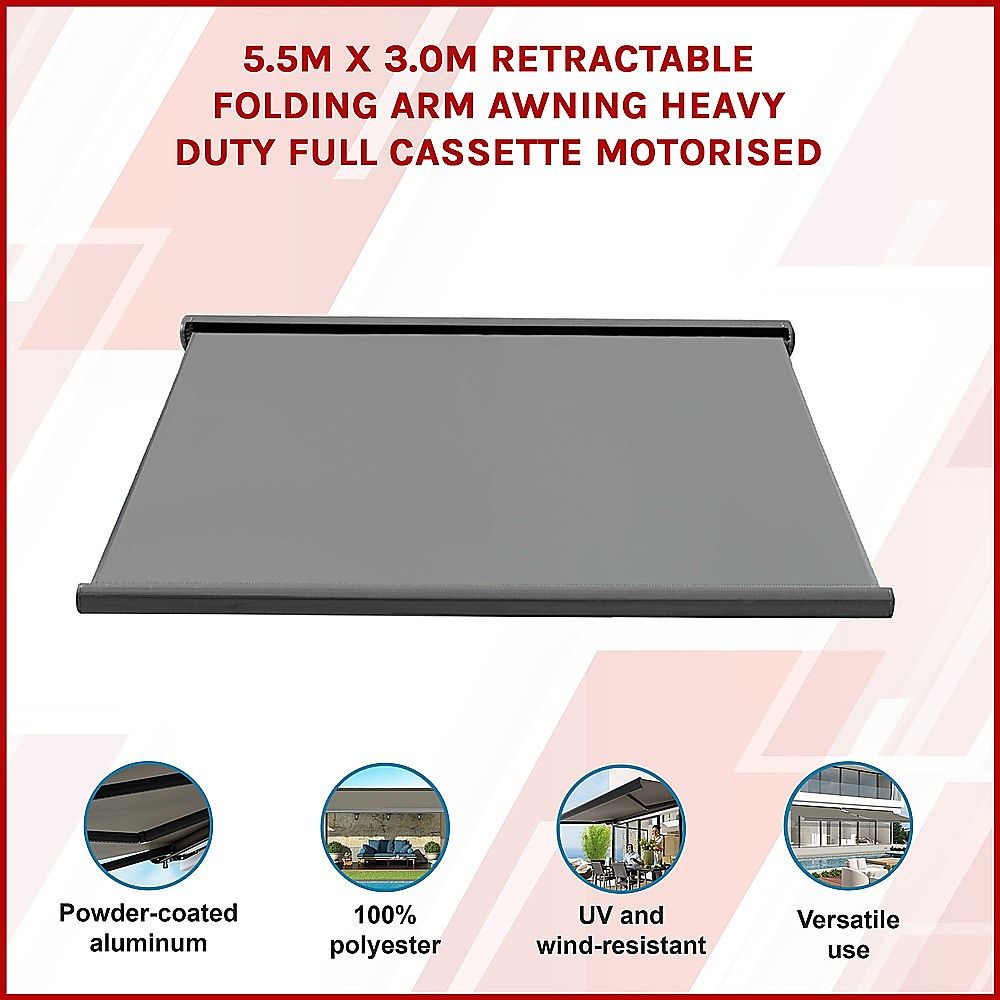 Motorised Retractable Awning – 5.5x3m Grey Full Cassette Design