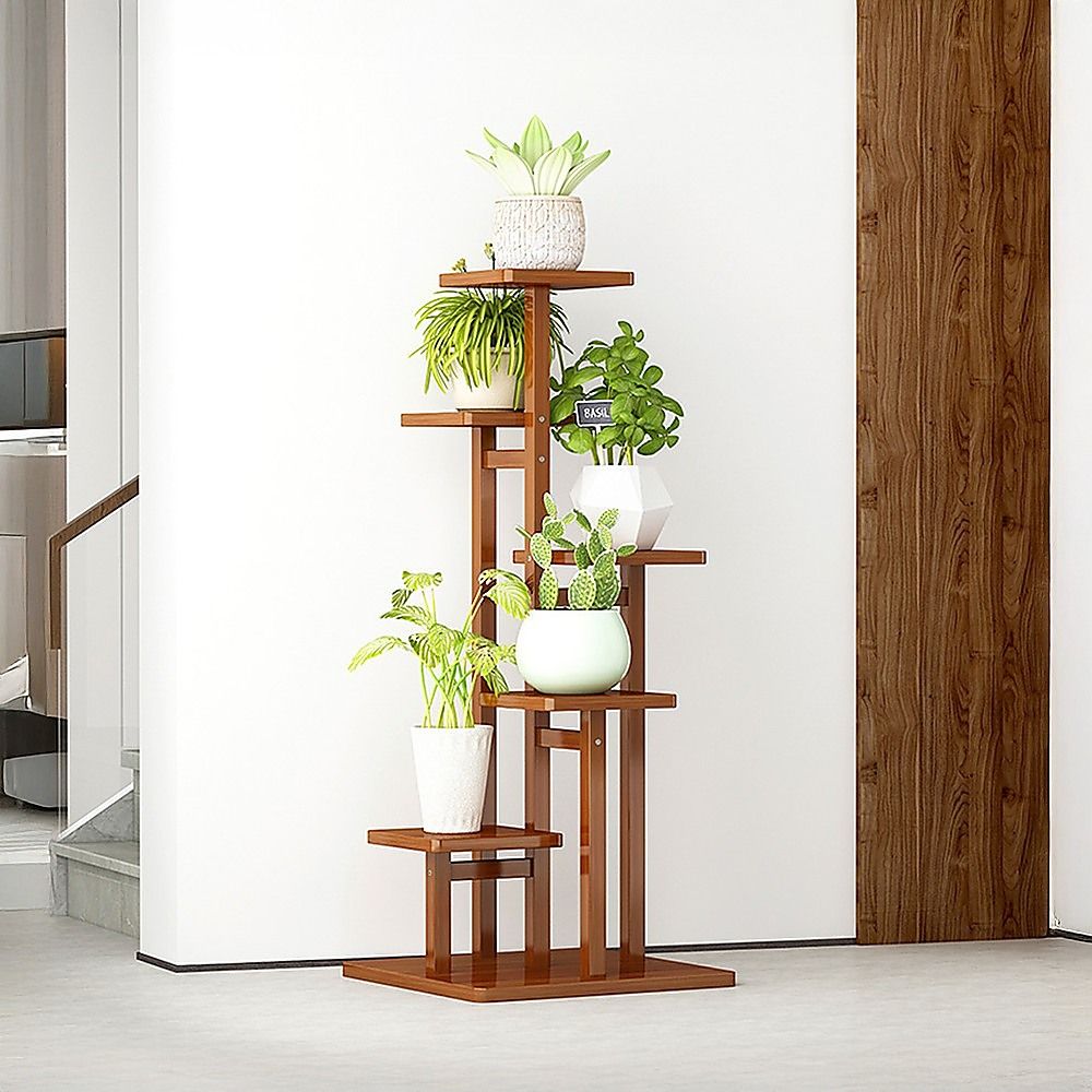 5 Tiers Vertical Bamboo Plant Stand Staged Flower Shelf Rack Outdoor Garden