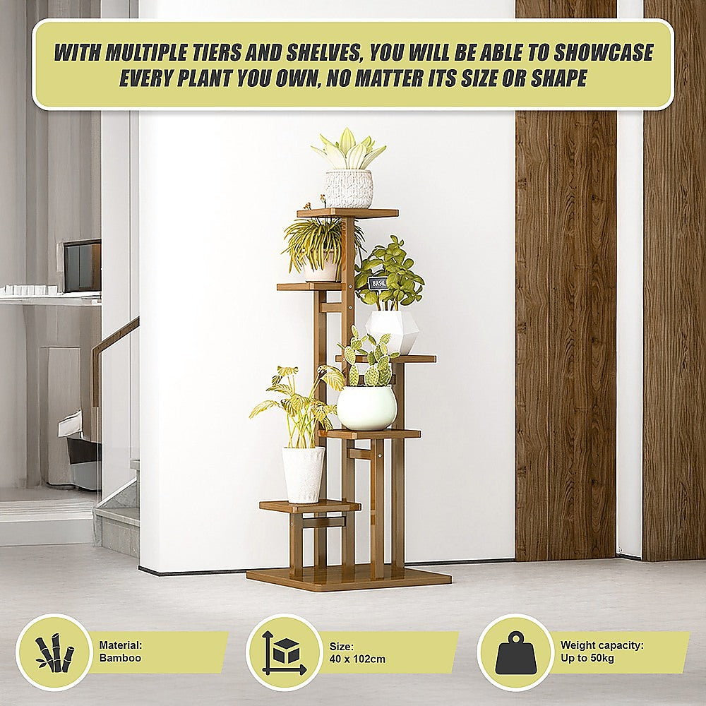 5 Tiers Vertical Bamboo Plant Stand Staged Flower Shelf Rack Outdoor Garden