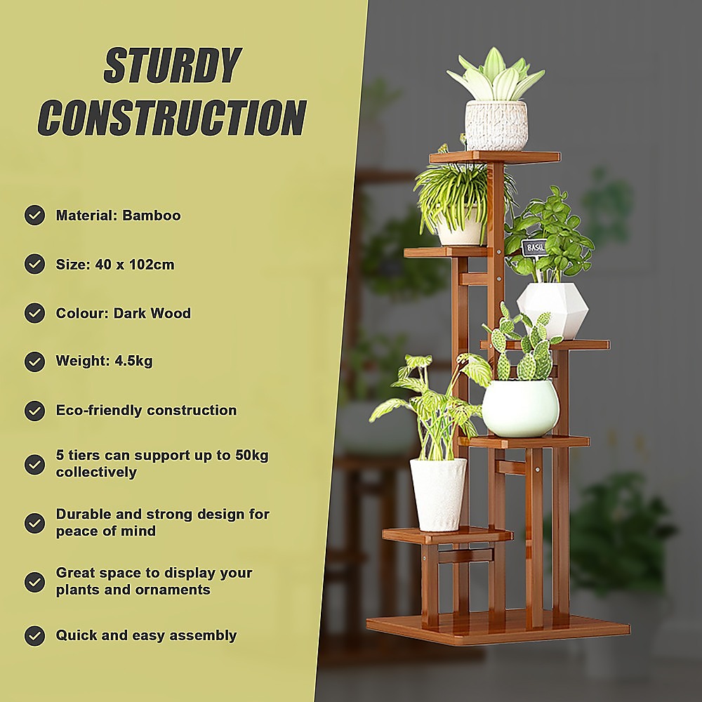 5 Tiers Vertical Bamboo Plant Stand Staged Flower Shelf Rack Outdoor Garden