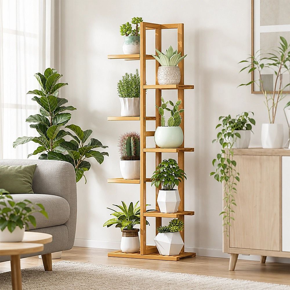6 Tiers Vertical Bamboo Plant Stand Staged Flower Shelf Rack Outdoor Garden