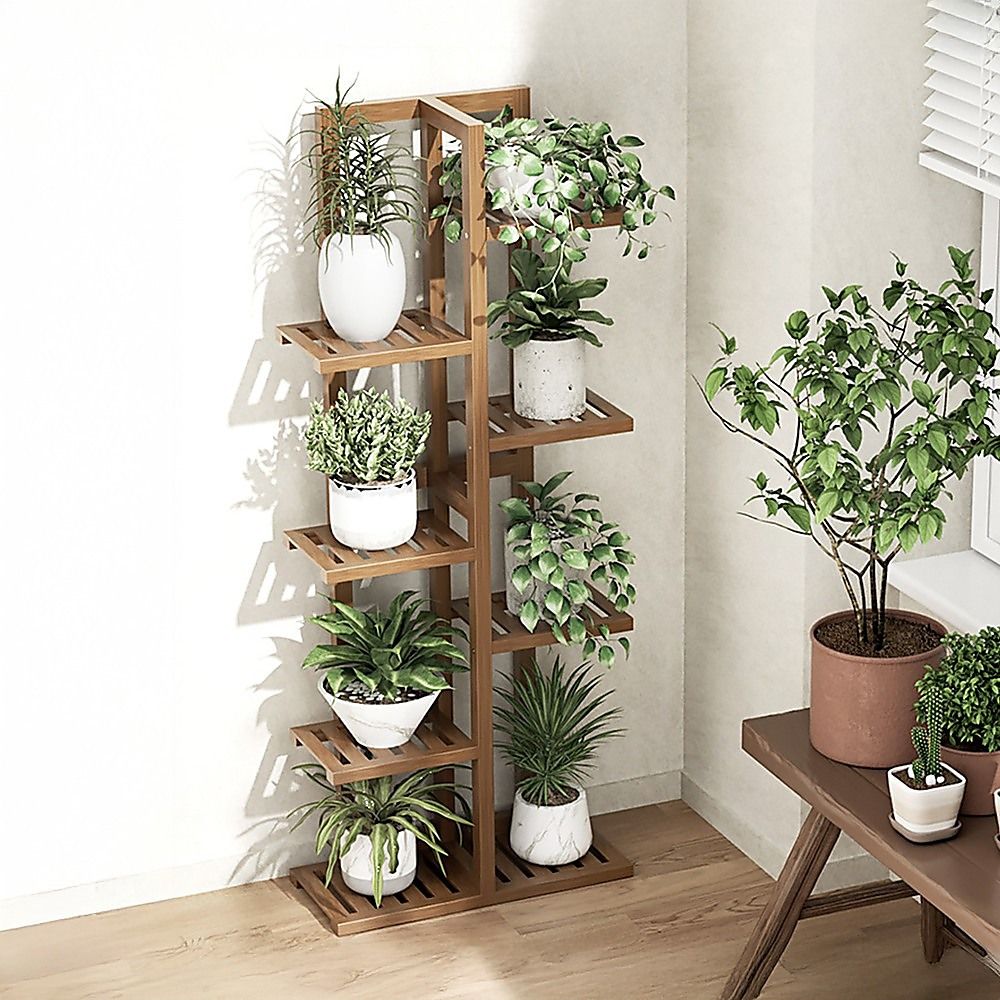 6 Tiers Vertical Bamboo Plant Stand Staged Flower Shelf Rack Outdoor Garden