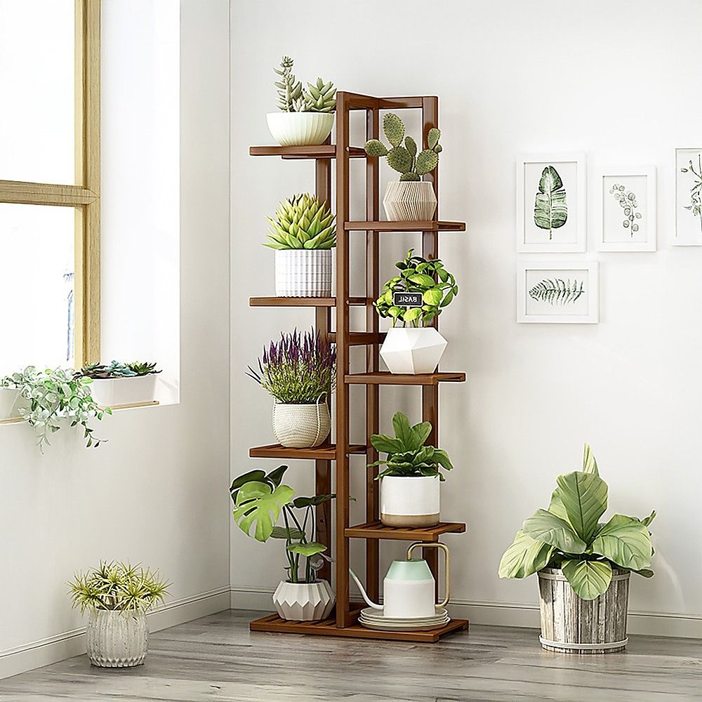 6 Tiers Vertical Bamboo Plant Stand Staged Flower Shelf Rack Outdoor Garden