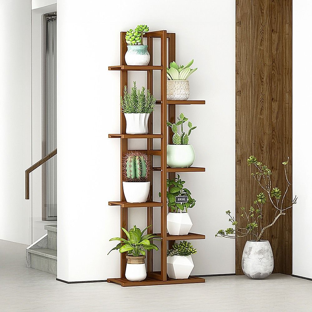 6 Tiers Vertical Bamboo Plant Stand Staged Flower Shelf Rack Outdoor Garden
