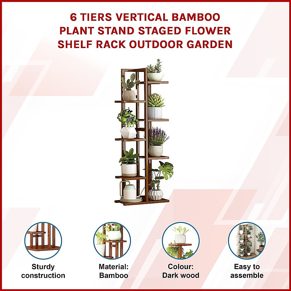6 Tiers Vertical Bamboo Plant Stand Staged Flower Shelf Rack Outdoor Garden