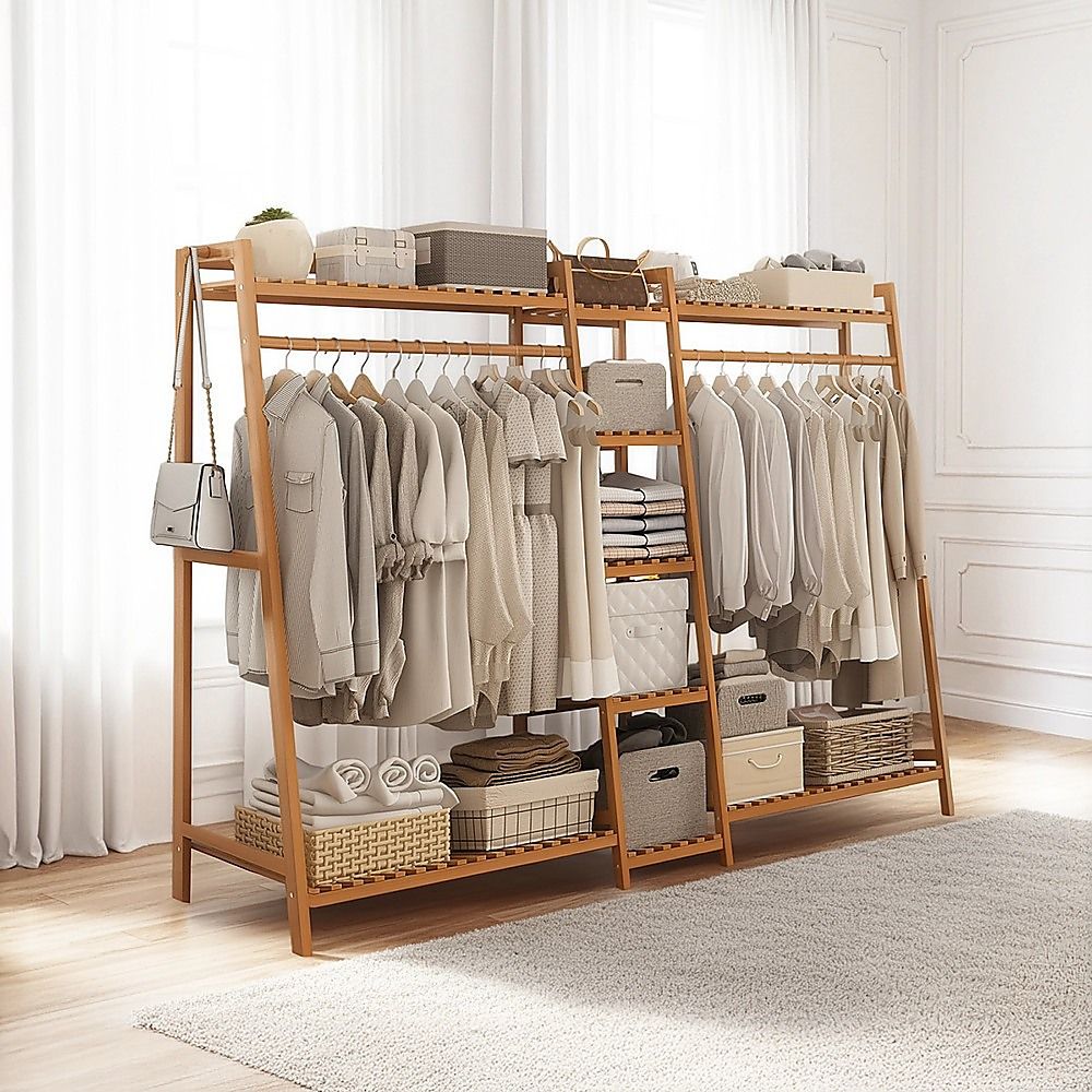 Portable Clothes Rack Coat Garment Stand Bamboo Rail Hanger Airer Closet