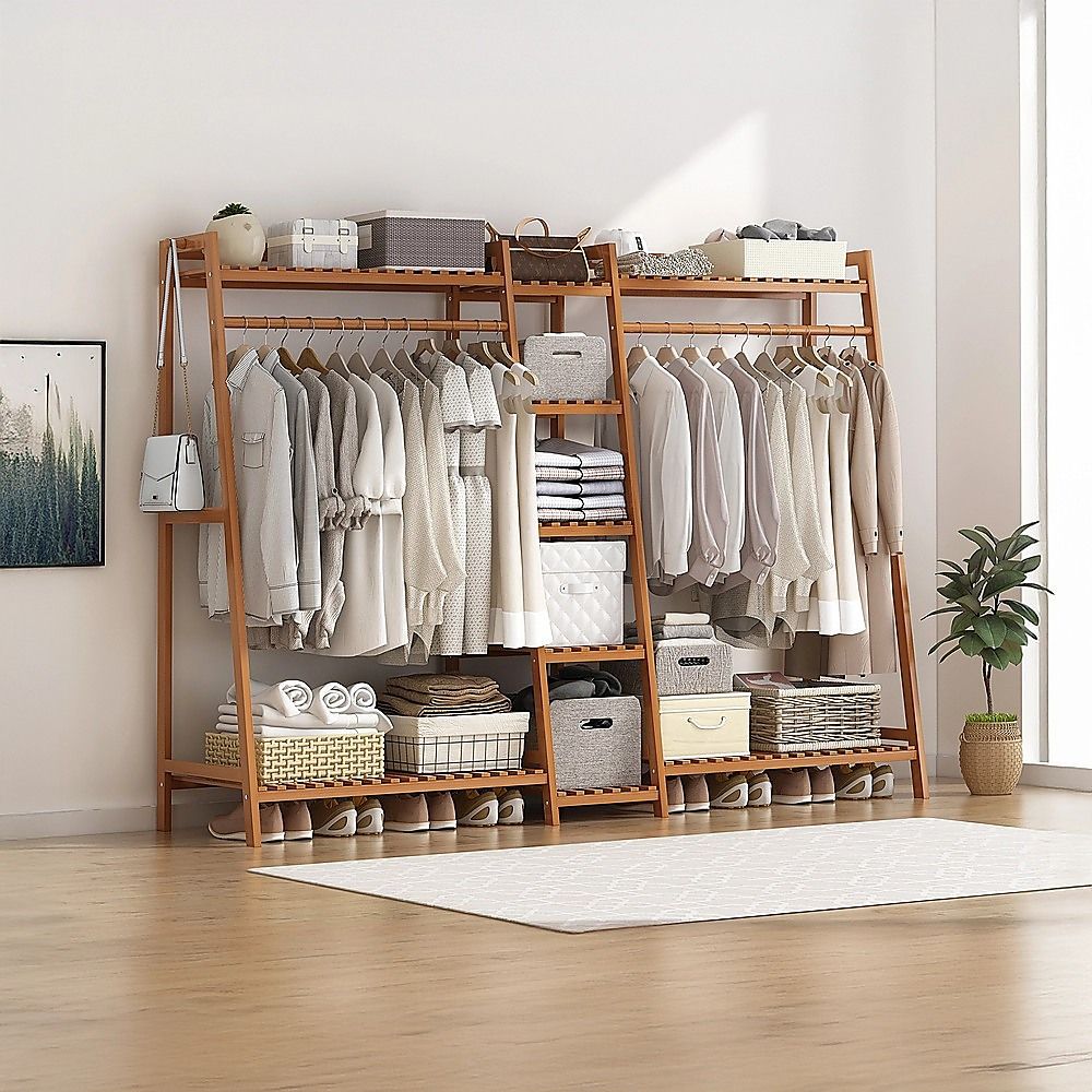 Portable Clothes Rack Coat Garment Stand Bamboo Rail Hanger Airer Closet