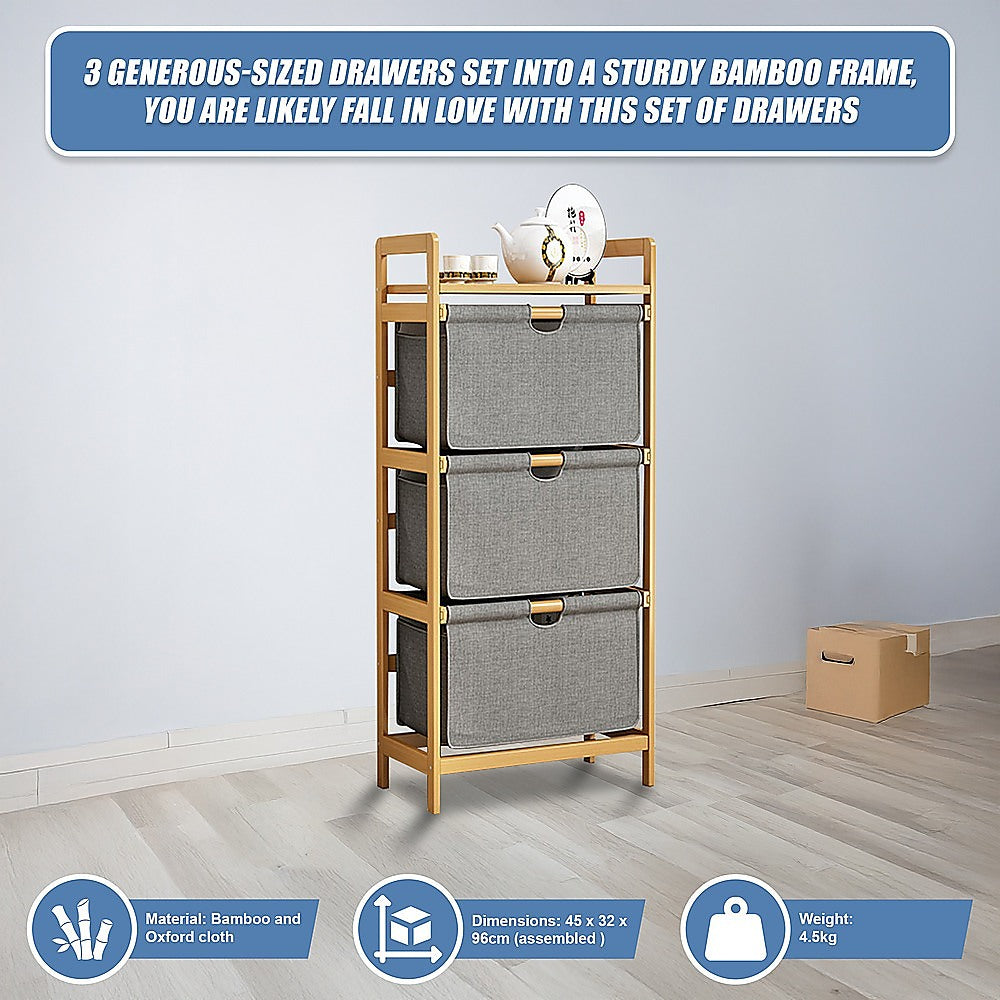 Bamboo Shelf with Storage Hamper – Wooden Organiser with 3 Removable Laundry Bags