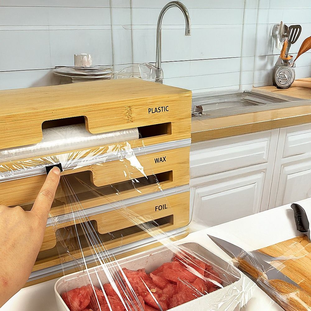 3 Grids Bamboo Food Wrap Dispenser Cutter Foil Cling Film Storage Holder Box Kitchen