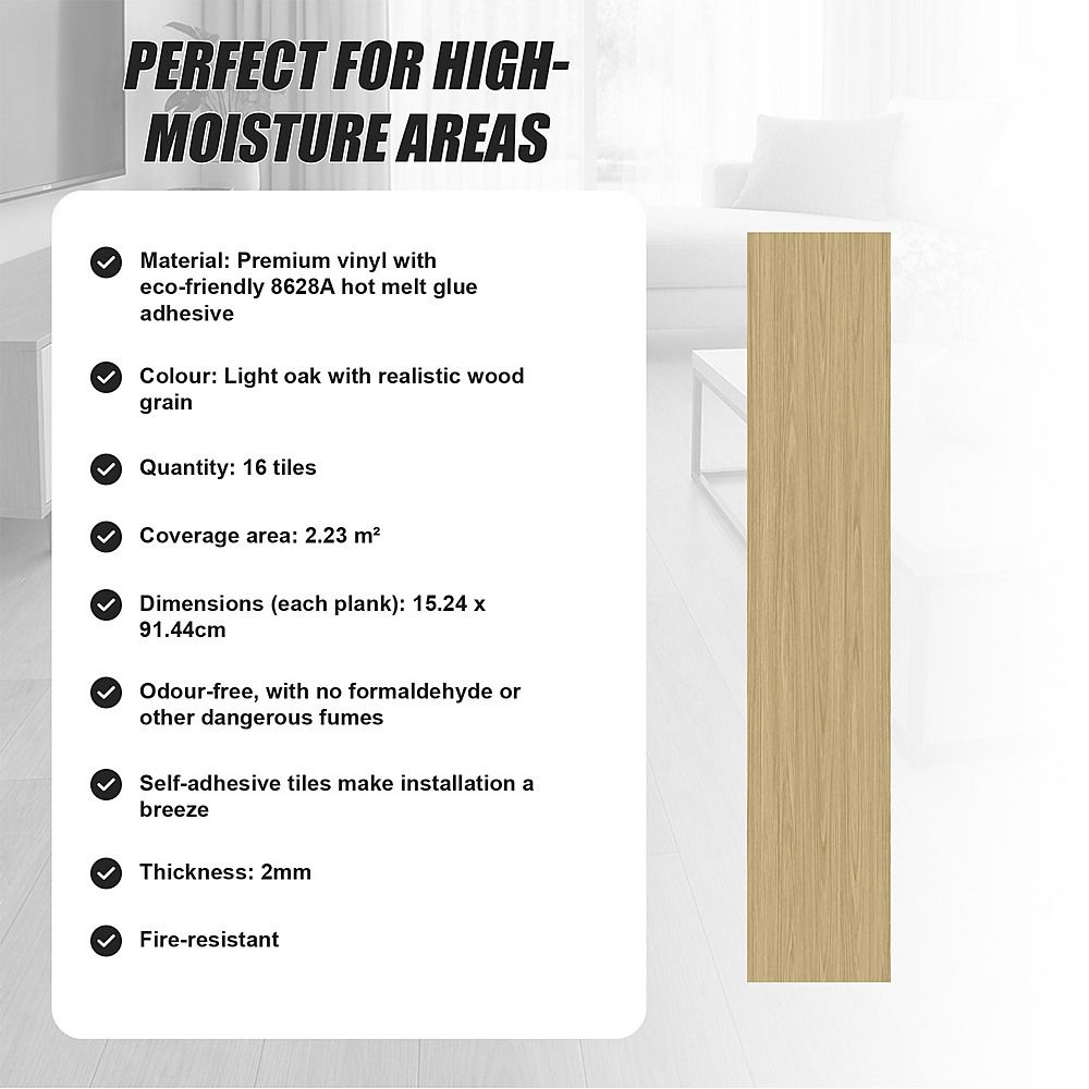 Vinyl Floor Tiles Self Adhesive Flooring Natural Light Oak Wood 16 Pack 2.3SQM