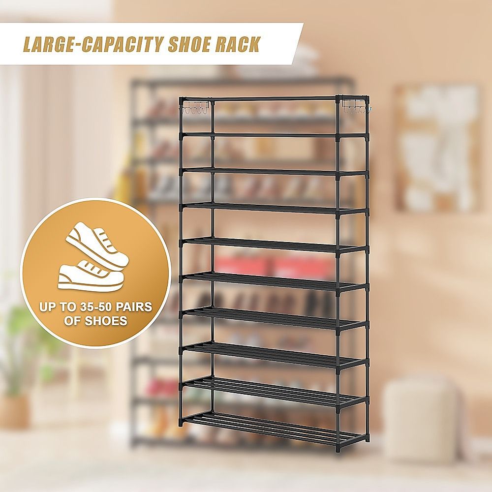 10-Tier Metal Shoe Rack Black – Large 50-Pair Shoe Storage Organiser Shelf