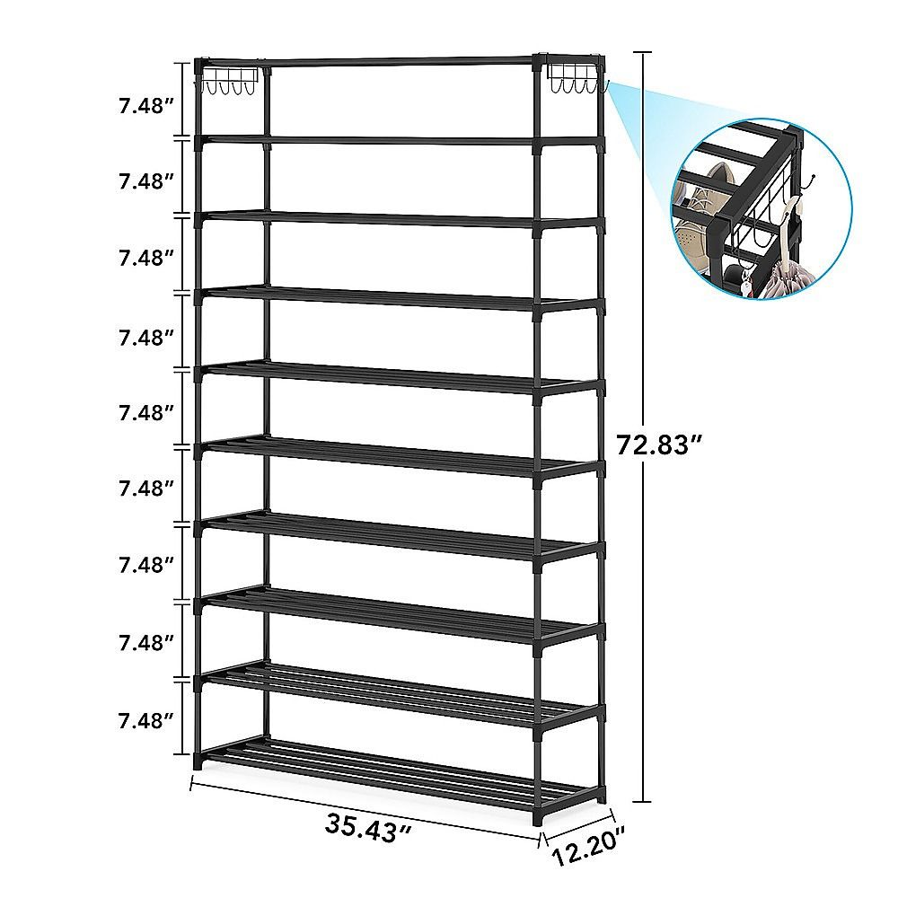 10-Tier Metal Shoe Rack Black – Large 50-Pair Shoe Storage Organiser Shelf