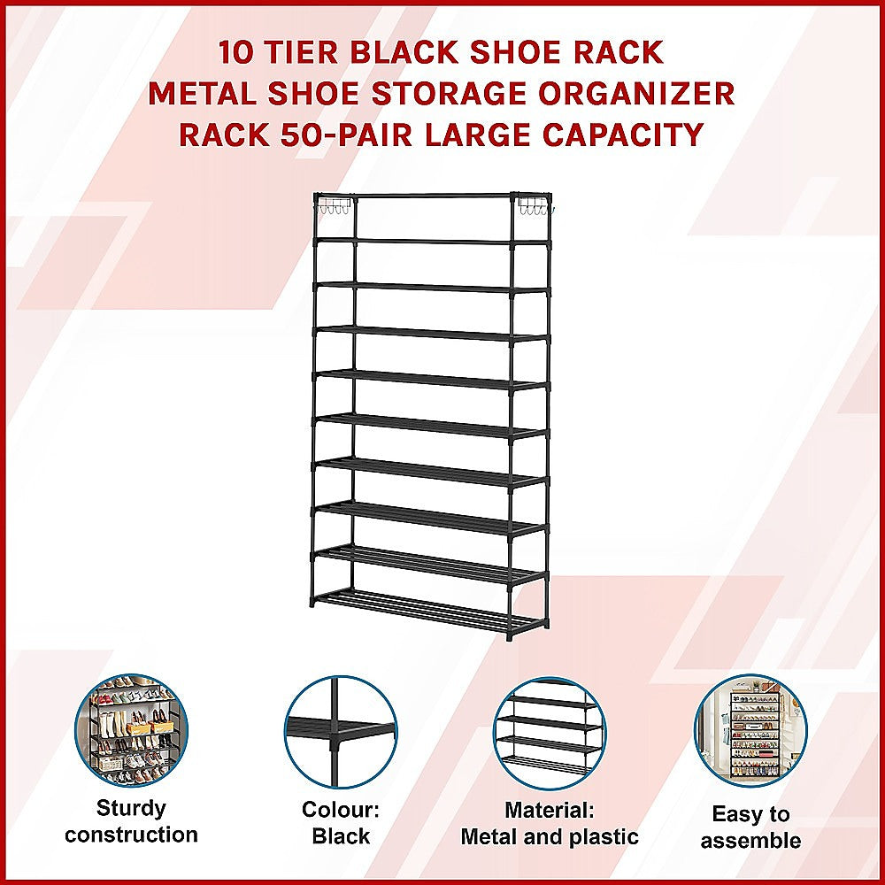 10-Tier Metal Shoe Rack Black – Large 50-Pair Shoe Storage Organiser Shelf