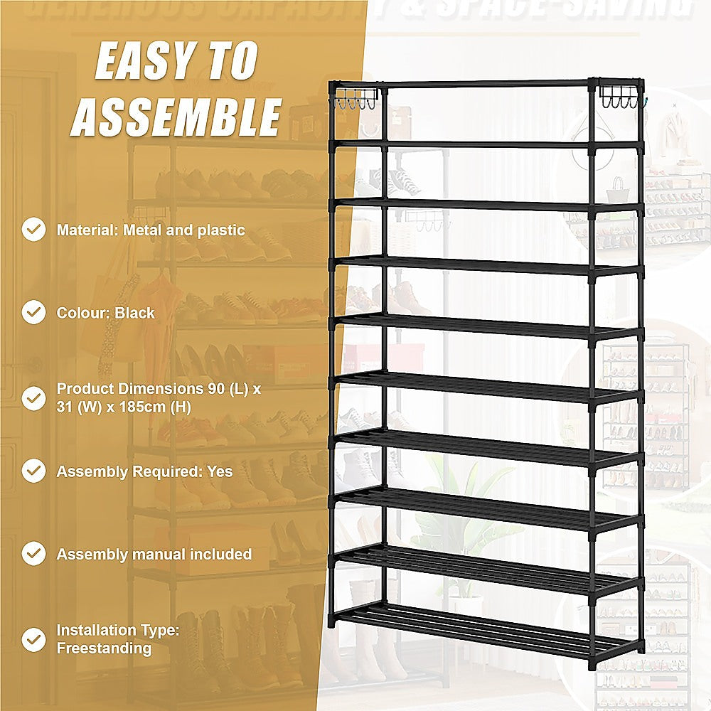 10-Tier Metal Shoe Rack Black – Large 50-Pair Shoe Storage Organiser Shelf
