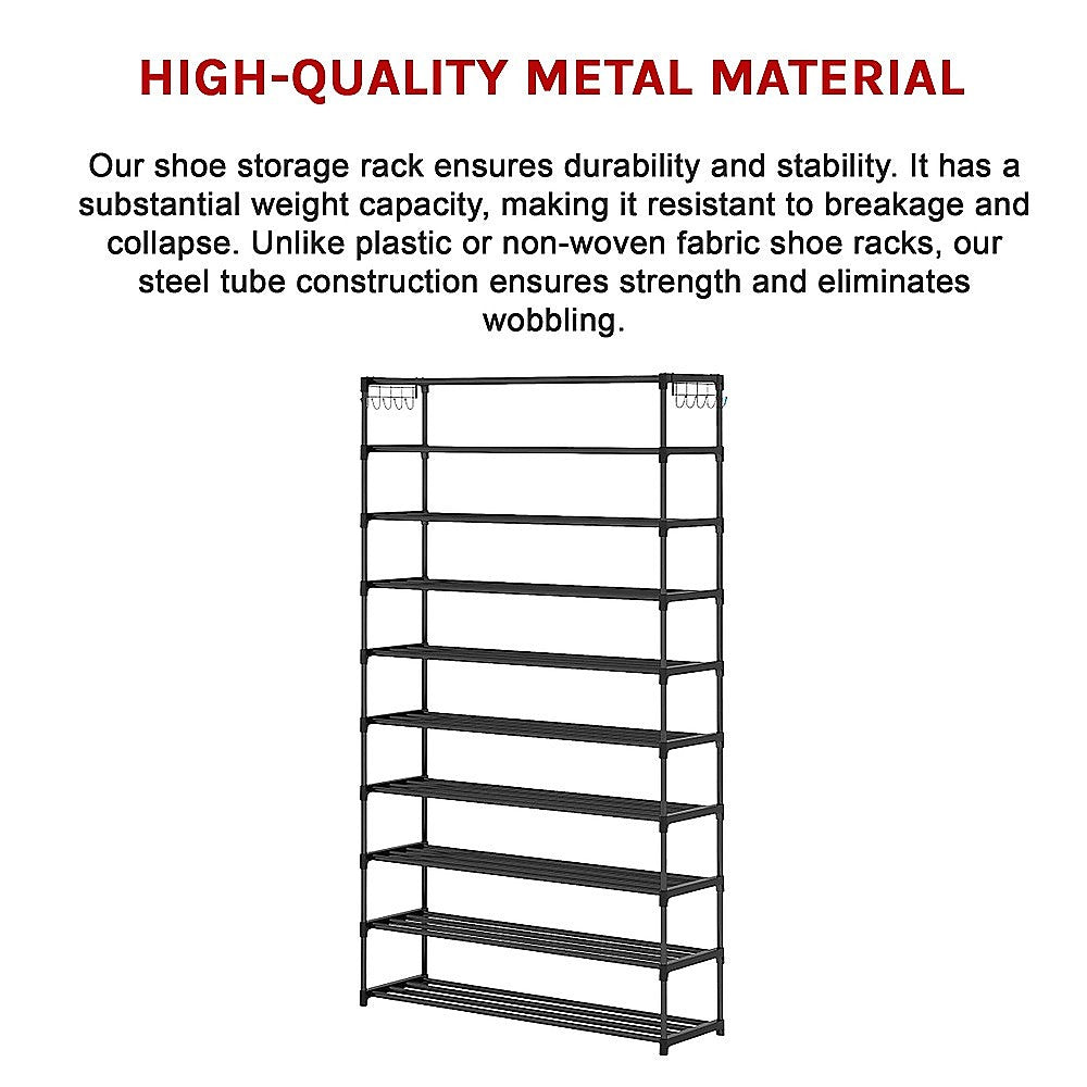 10-Tier Metal Shoe Rack Black – Large 50-Pair Shoe Storage Organiser Shelf