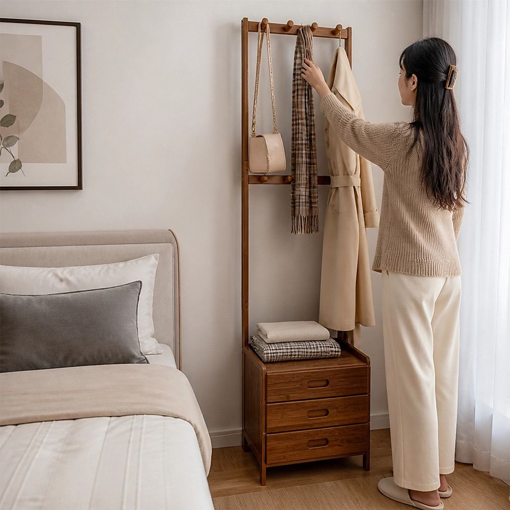 42x165cm Dark Wood Wooden Hall Stand Floor Coat Rack with Drawer Modern Minimalist