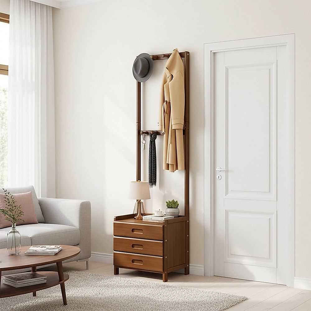 42x165cm Dark Wood Wooden Hall Stand Floor Coat Rack with Drawer Modern Minimalist