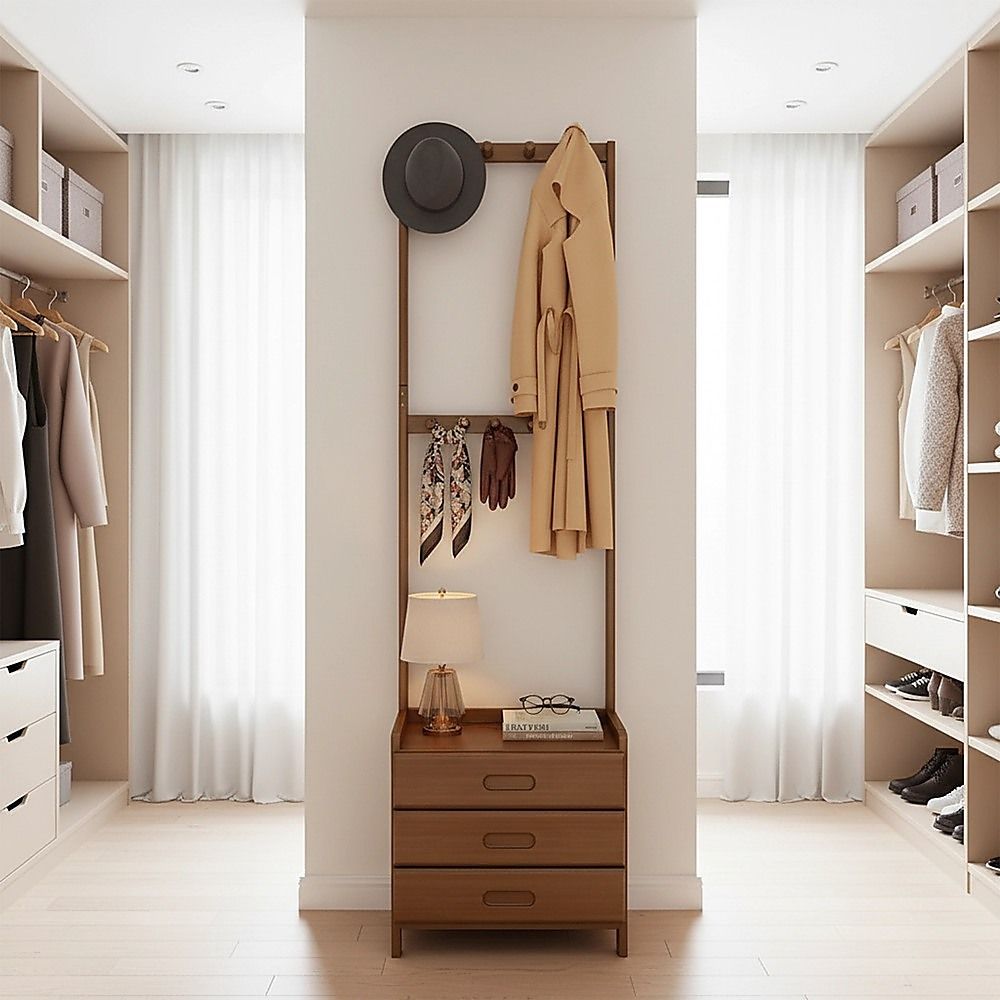 42x165cm Dark Wood Wooden Hall Stand Floor Coat Rack with Drawer Modern Minimalist