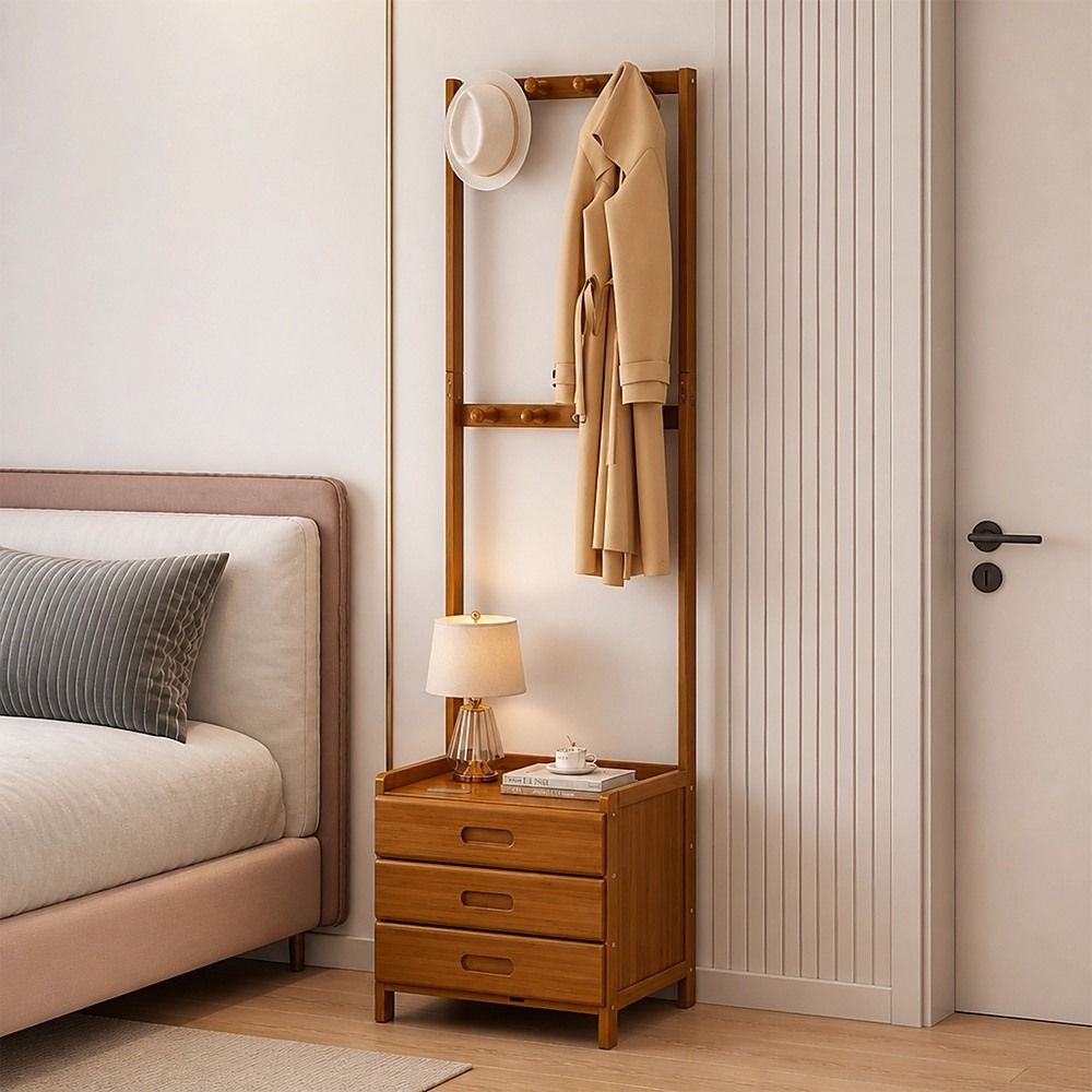 42x165cm Dark Wood Wooden Hall Stand Floor Coat Rack with Drawer Modern Minimalist